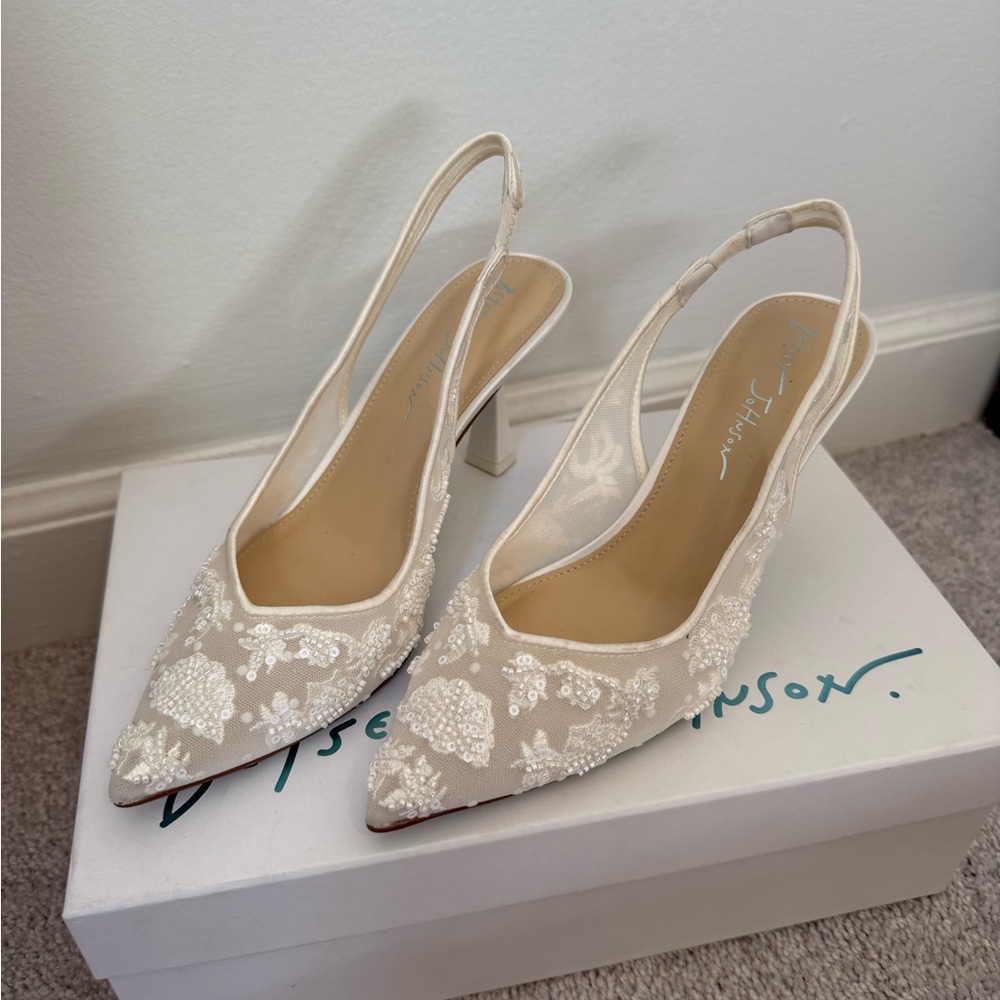 Betsey Johnson Ivory beaded lace slingbacks